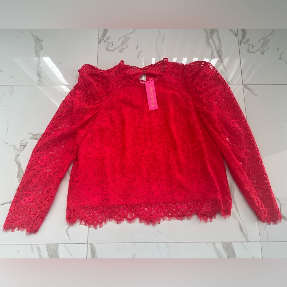Lilly Pulitzer Red Lace Long-Sleeve Blouse - Picture 4 of 8